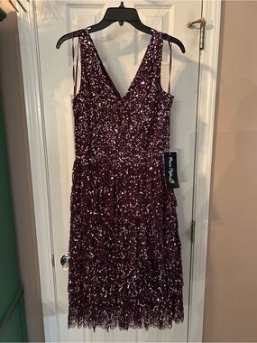 Pisarro Nights Burgundy Sequin Tiered V-Neck Midi Dress